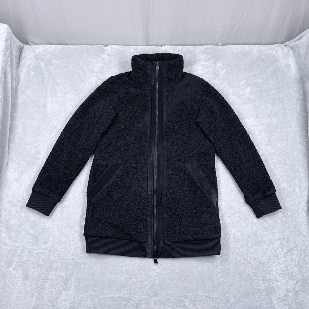 Athleta Tugga‎ Sherpa Coat Women Small Black Long Fleece Full Zip Jacket 982852